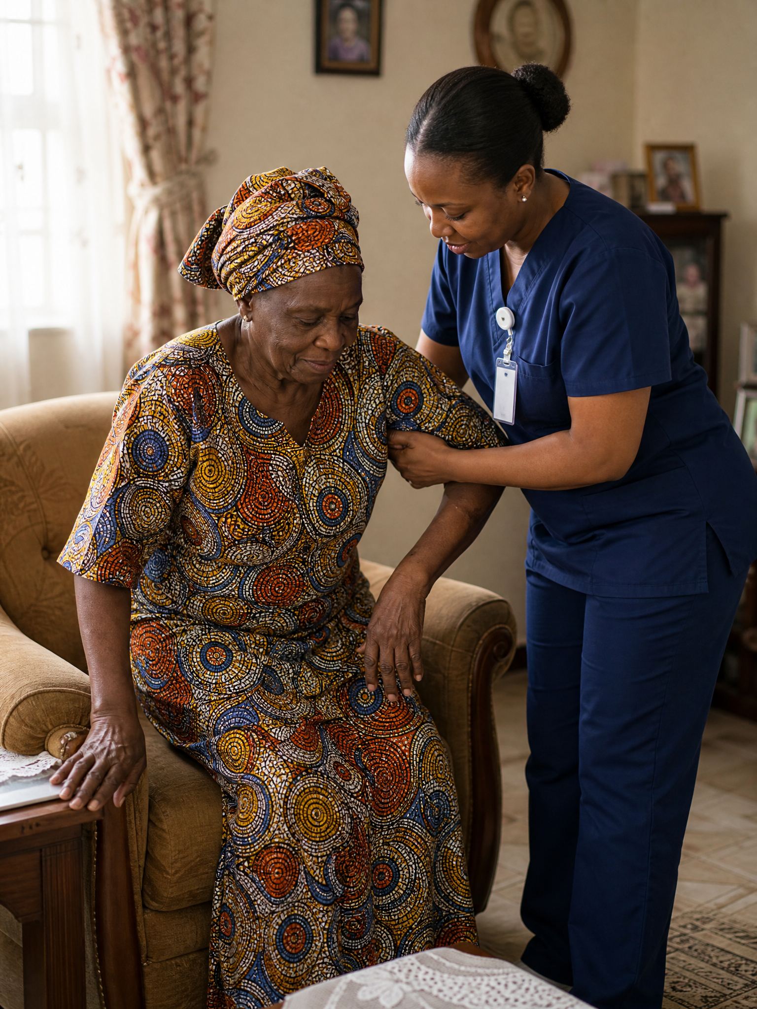 Nurse taking an elderly man's blood pressure at home