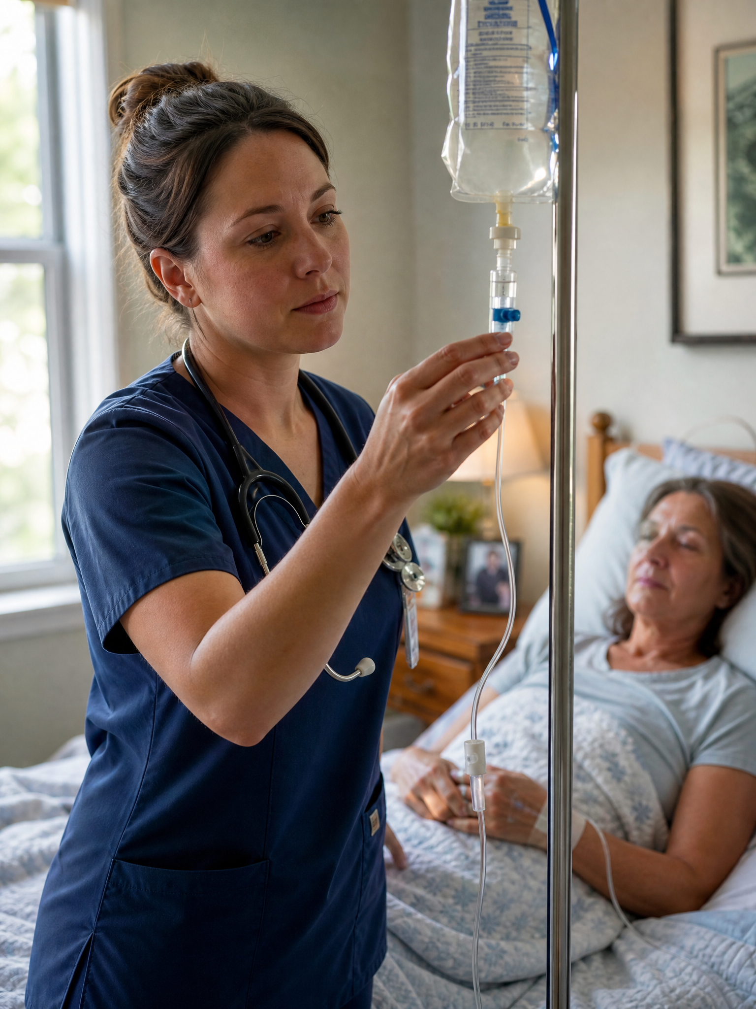 An IV drip bag set up at a patient's bedside